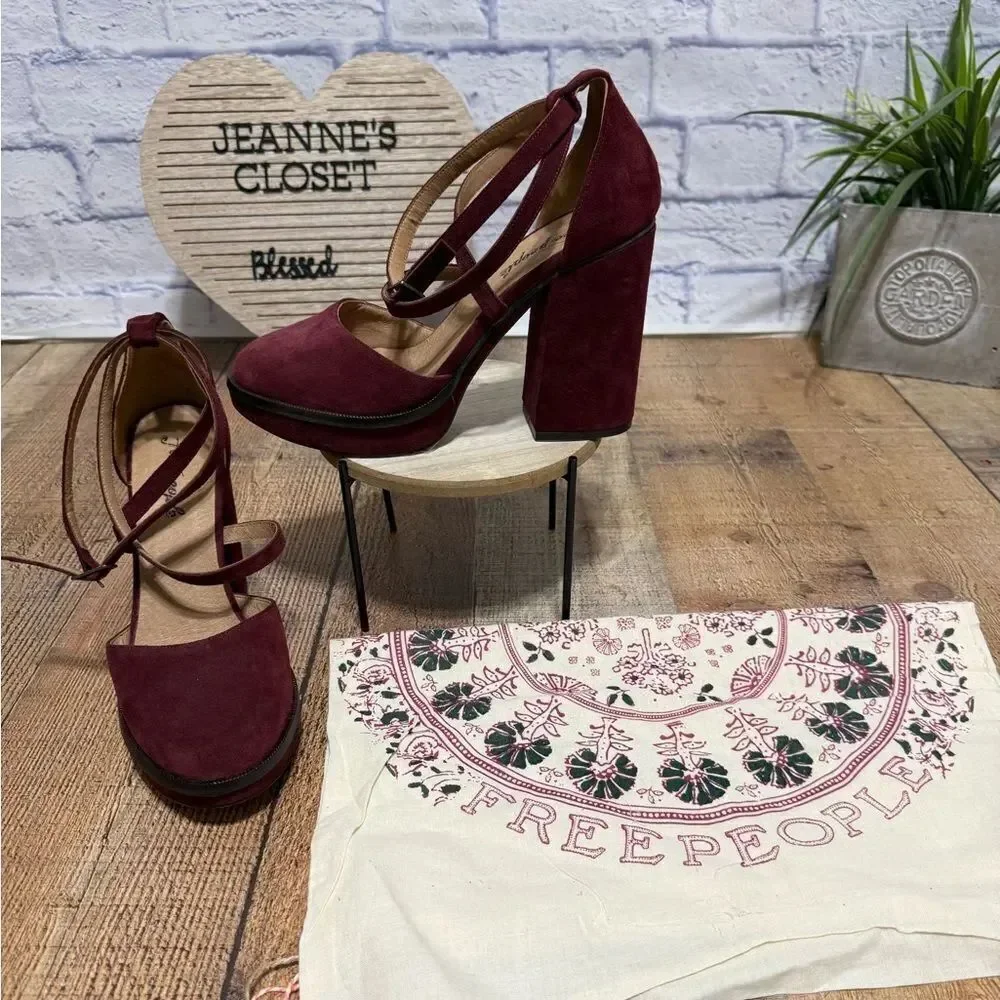 Free People size 41 10 Burgundy Remi Double Strap Suede Platform Shoes